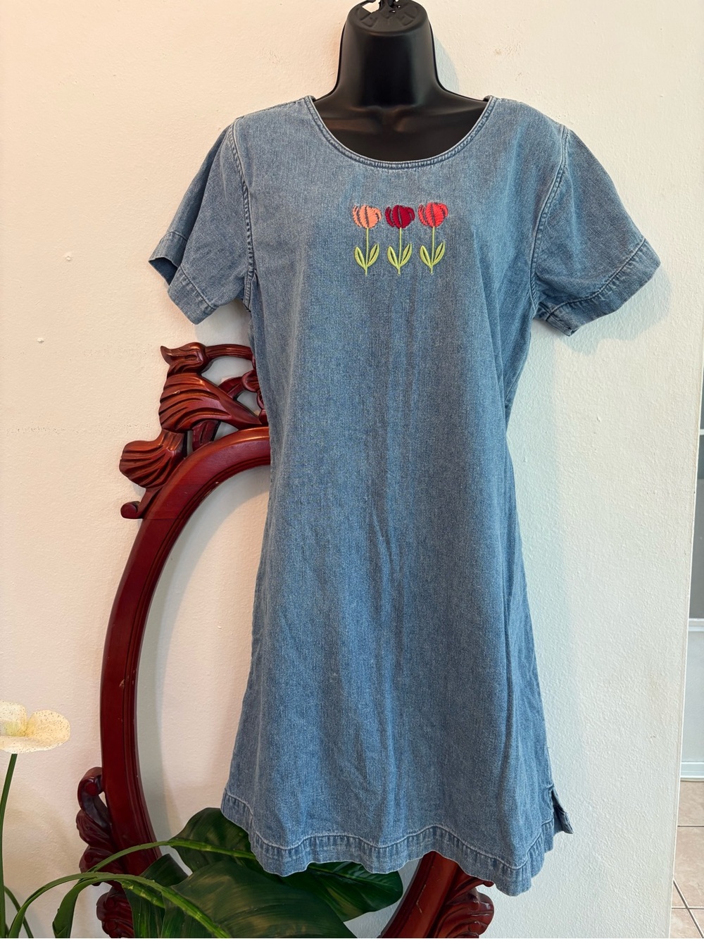 Vintage Cottagecore Christopher & Banks Blue Denim Mini Dress Tulip Embroidery